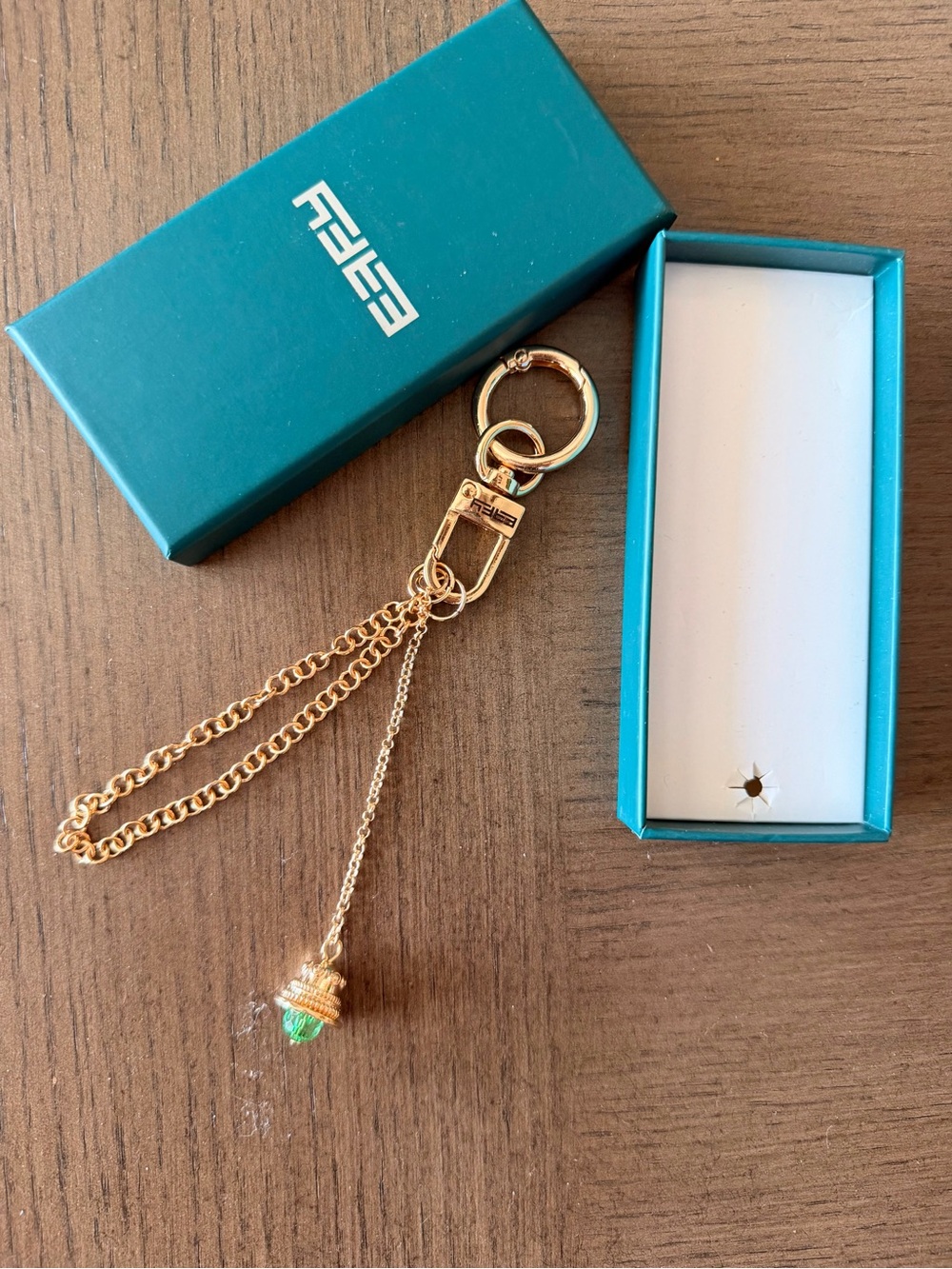 Effy Bell bag charm Gold-Tone Keychain with Green Stone bell Charm NEW IN BOX